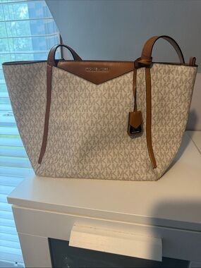 Michael Kors Beige MK Logo Canvas Tote with Brown Trim